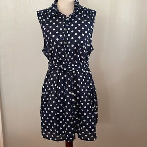 J.Crew Blue White Polka Dot Cotton Tunic Shirt M Sleeveless Belted Pockets